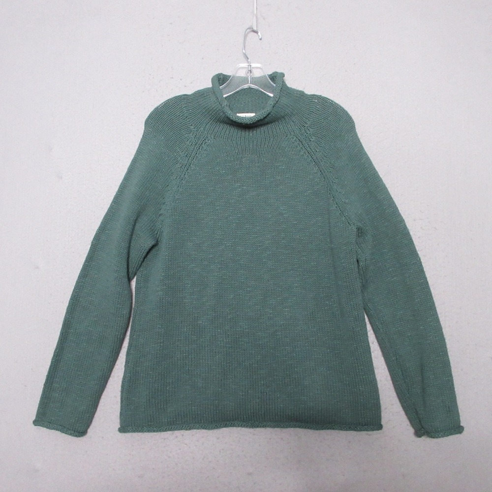 LL Bean Sweater Large Petite Green Cottage Cotton Roll‎ Neck Preppy Coastal NWT